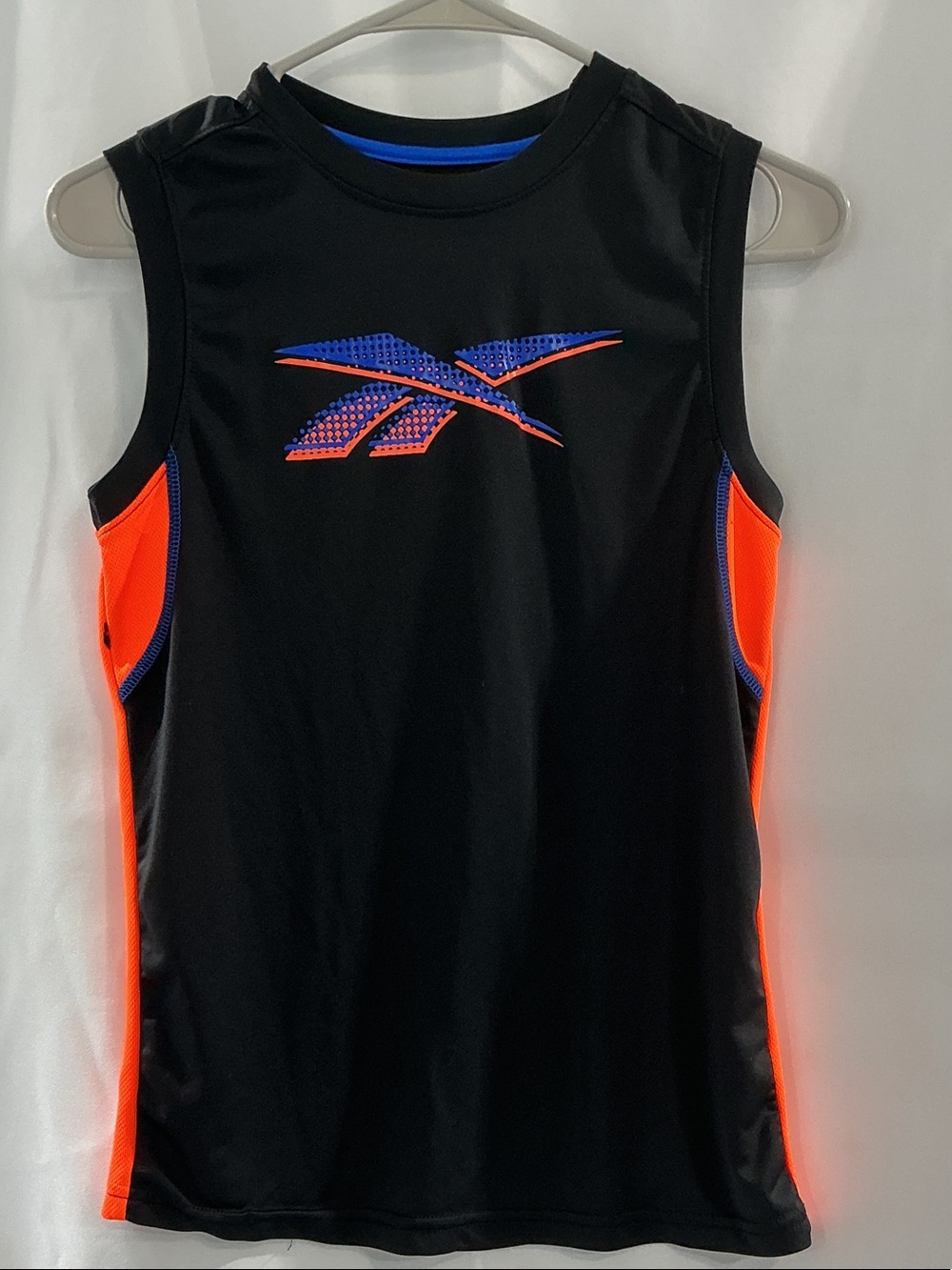 Reebok Black Tank Top with Orange Panels and Blue Logo